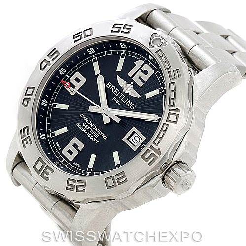 The image shows a front-angle view of the Breitling Colt A74387 Men
s Stainless Steel Black Dial A74387 Men
s Stainless Steel Black Dial watch, highlighting its face and bracelet.