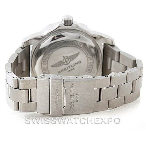 The image shows the backside and stainless steel bracelet of a Breitling Colt A74387 Men
s Stainless Steel Black Dial A74387 Men
s Stainless Steel Black Dial model watch.