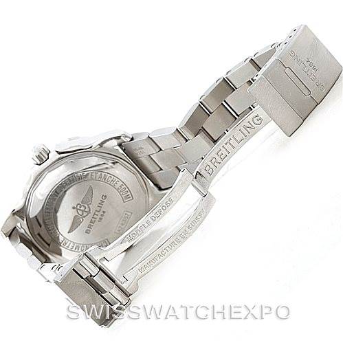 This image shows the back case and deployment clasp of a Breitling Colt A74387 Men
s Stainless Steel Black Dial A74387 Men
s Stainless Steel Black Dial watch at an angle revealing its metal bracelet and branding details.