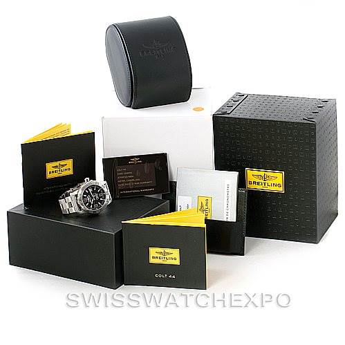 This image shows the Breitling Colt A74387 Men
s Stainless Steel Black Dial A74387 Men
s Stainless Steel Black Dial watch with its box, manual, warranty card, and accessories from multiple angles.