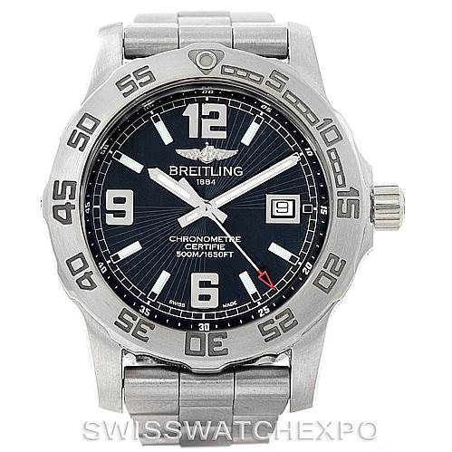This image shows a front view of the Breitling Colt A74387 Men
s Stainless Steel Black Dial A74387 Men
s Stainless Steel Black Dial model watch, displaying the dial, bezel, and bracelet clearly.