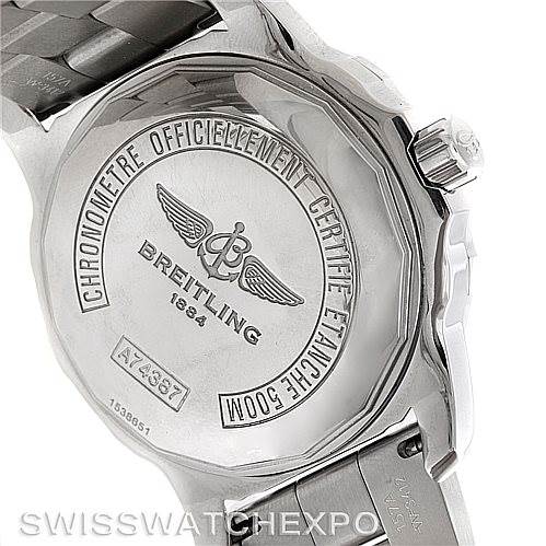 The image shows the back case of a Breitling Colt A74387 Men
s Stainless Steel Black Dial A74387 Men
s Stainless Steel Black Dial watch, featuring its engraved logo and certification details.