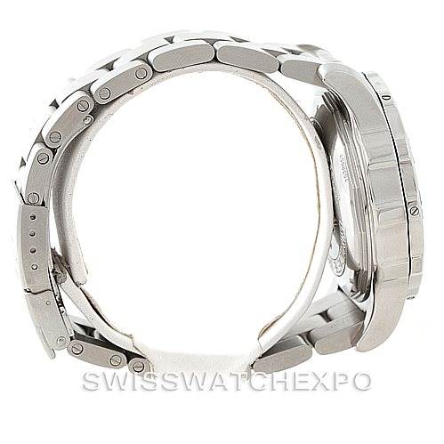 The image shows a side profile view of a Breitling Colt A74387 Men
s Stainless Steel Black Dial A74387 Men
s Stainless Steel Black Dial model, highlighting its stainless steel bracelet and case.