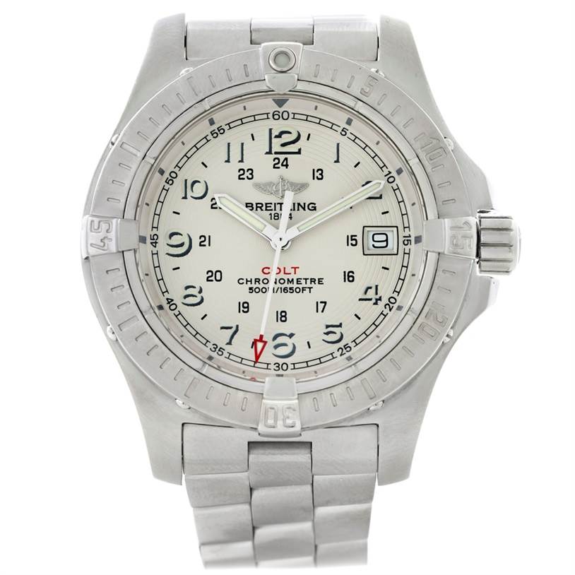 The image shows a front view of the Breitling Colt A74380 Men's Stainless Steel Silver Dial A74380 Men's Stainless Steel Silver Dial model watch, highlighting its bezel, dial, and stainless steel bracelet.