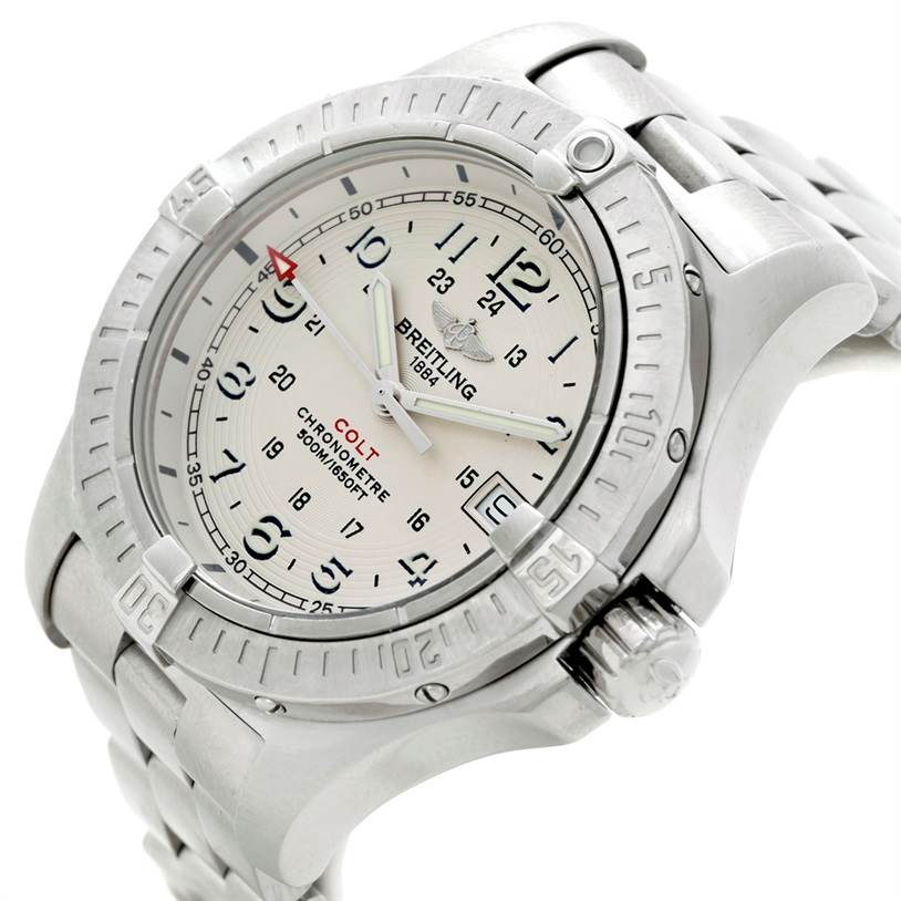 The image shows a Breitling Colt A74380 Men's Stainless Steel Silver Dial A74380 Men's Stainless Steel Silver Dial watch at an angled view highlighting the face, bezel, crown, and part of the bracelet.