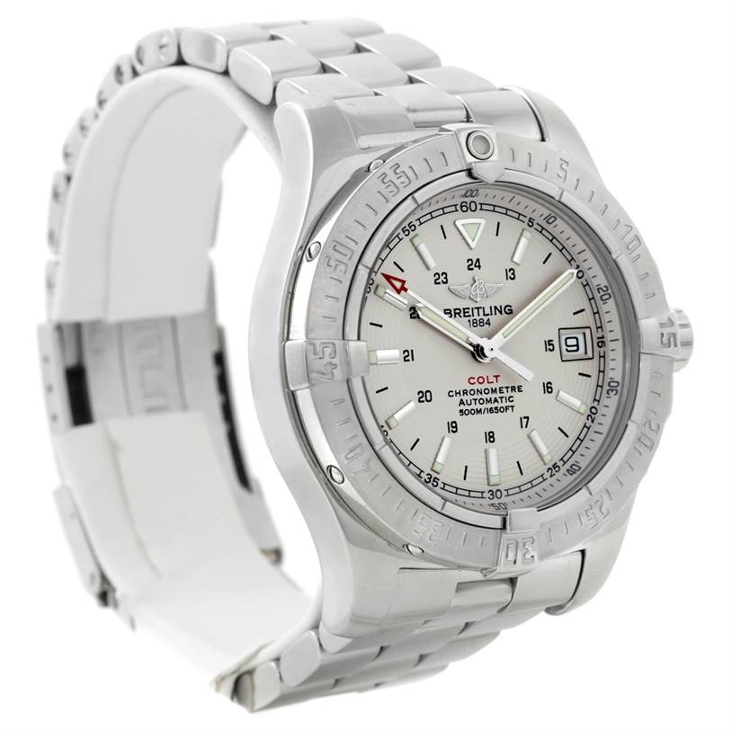 The image shows a Breitling Colt A17380 Men
s Stainless Steel Silver Dial A17380 Men
s Stainless Steel Silver Dial watch at a left-angled front view, displaying the dial, bezel, and part of the bracelet.