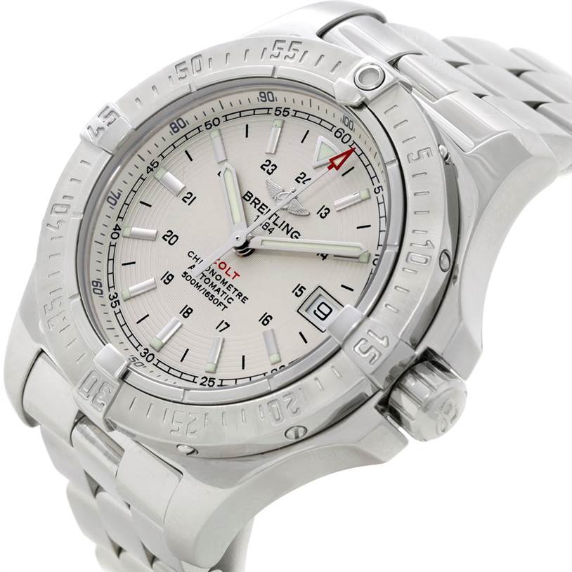 The image shows a Breitling Colt A17380 Men
s Stainless Steel Silver Dial A17380 Men
s Stainless Steel Silver Dial model watch from an angled top view, highlighting the bezel, dial, hands, crown, and bracelet.