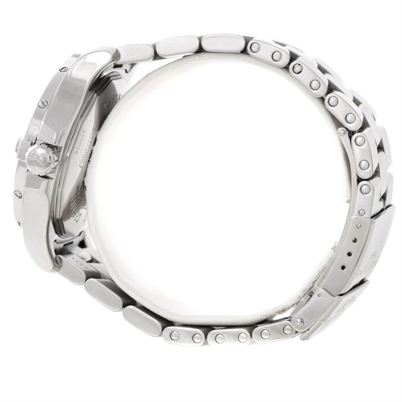 This image shows the side view of a Breitling Colt A17380 Men
s Stainless Steel Silver Dial A17380 Men
s Stainless Steel Silver Dial watch, highlighting the crown, case, and metal bracelet.