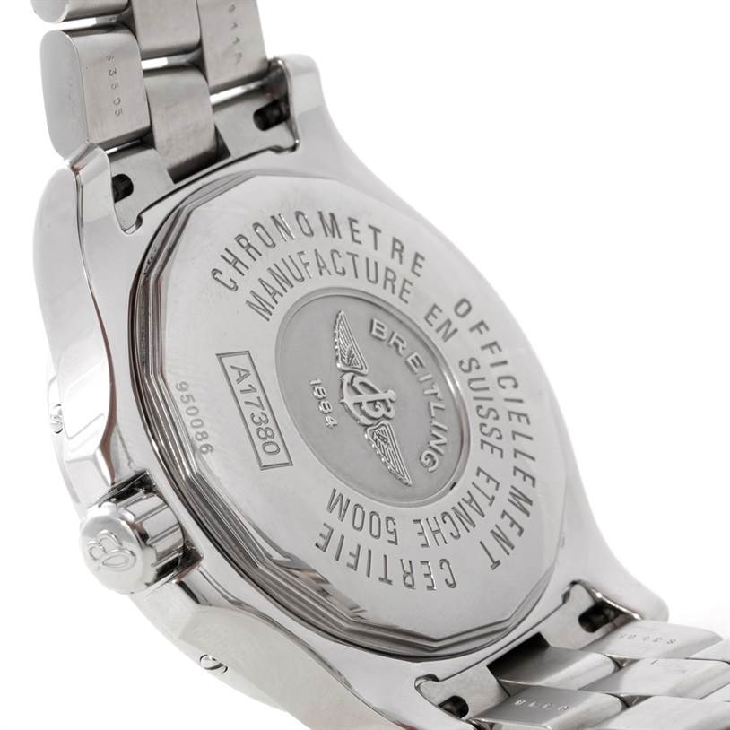 This image shows the back case and part of the bracelet of a Breitling Colt A17380 Men
s Stainless Steel Silver Dial A17380 Men
s Stainless Steel Silver Dial watch.