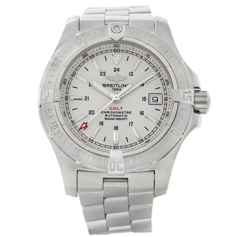 The image shows a front view of the Breitling Colt A17380 Men
s Stainless Steel Silver Dial A17380 Men
s Stainless Steel Silver Dial watch, highlighting its face, dial, bezel, and bracelet.