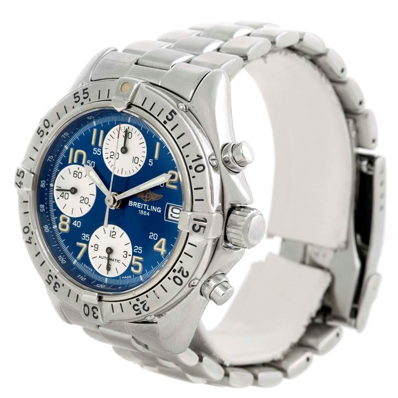 The image shows a side-angle view of a Breitling Colt A13035 Men's Stainless Steel Blue Dial A13035 Men's Stainless Steel Blue Dial watch, highlighting the dial, bezel, chronograph buttons, and bracelet.