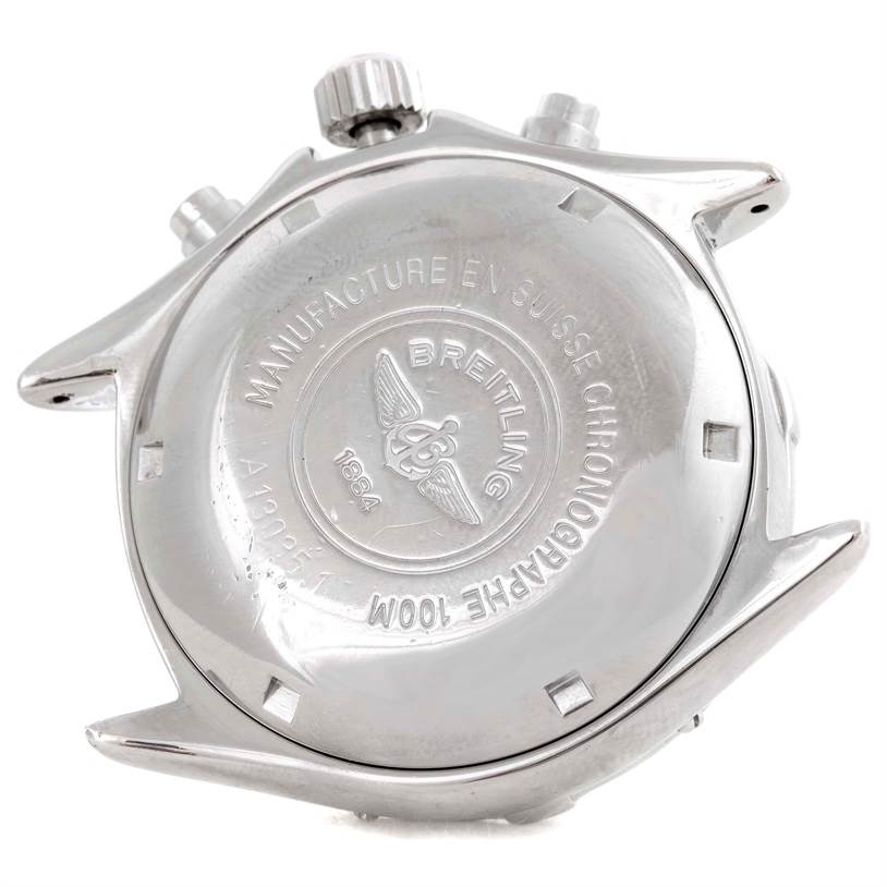 The image shows the back case of a Breitling Colt A13035 Men's Stainless Steel Blue Dial A13035 Men's Stainless Steel Blue Dial watch, including its crown and pushers, seen from a top-down angle.