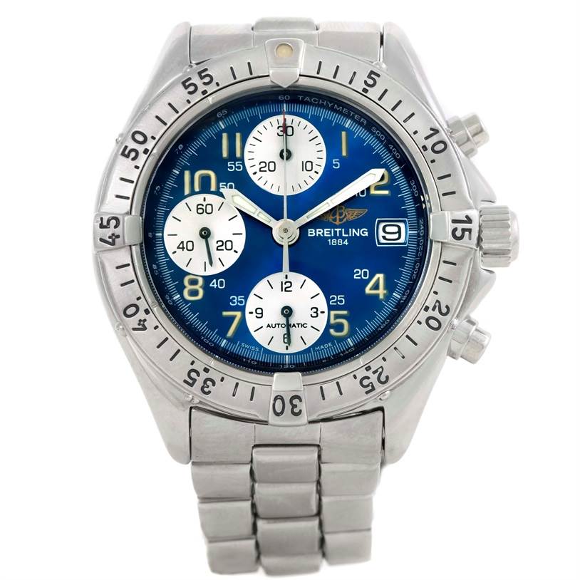 This image shows a front view of the Breitling Colt A13035 Men's Stainless Steel Blue Dial A13035 Men's Stainless Steel Blue Dial watch, displaying its face, bezel, and metal bracelet.