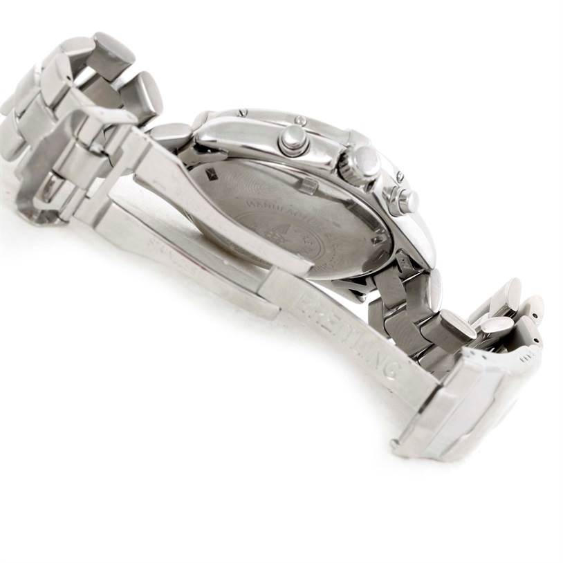 This image shows the Breitling Colt A13035 Men's Stainless Steel Blue Dial A13035 Men's Stainless Steel Blue Dial watch from a side angle, displaying the watch back, bracelet, and clasp.