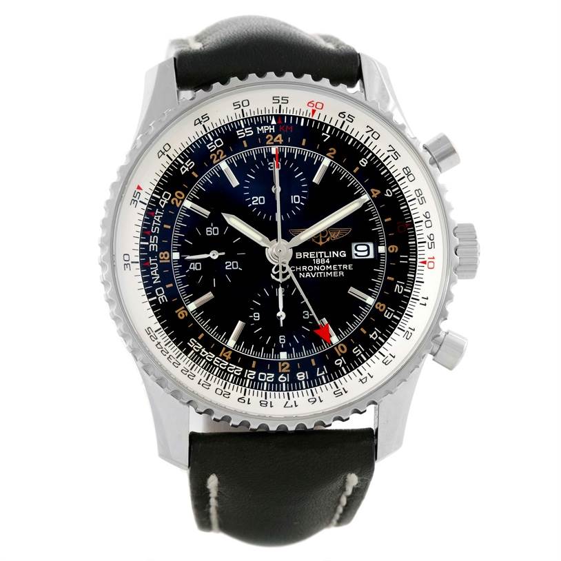 This image shows the front view of a Breitling Navitimer A24322 Men's Stainless Steel Black Dial A24322 Men's Stainless Steel Black Dial watch, highlighting its dial, bezel, and leather strap.