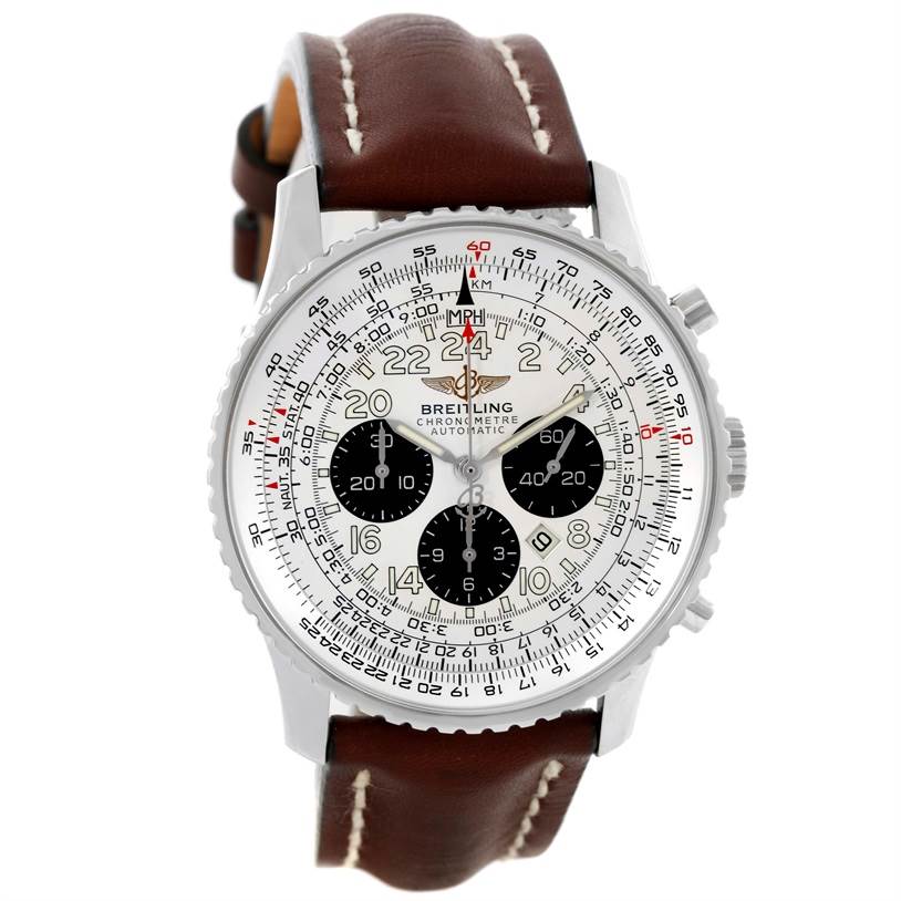 The Breitling Navitimer A22322 Men
s Stainless Steel Silver Dial A22322 Men
s Stainless Steel Silver Dial watch is shown from a front angle, highlighting its dial, chronograph, bezel, and leather strap.