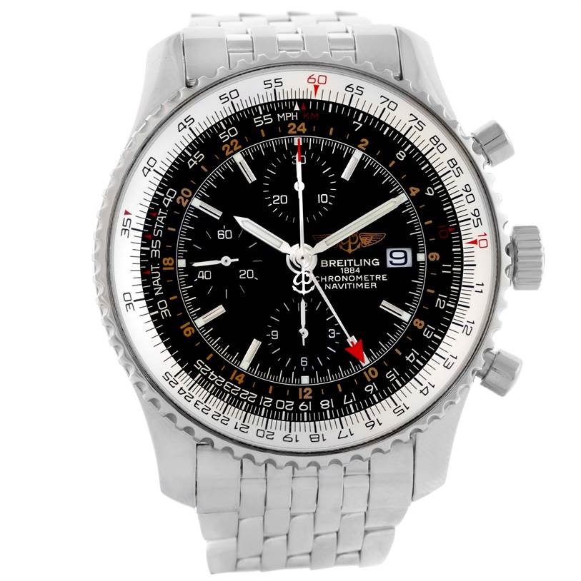 The Breitling Navitimer A24322 Men's Stainless Steel Black Dial A24322 Men's Stainless Steel Black Dial is shown from a front angle, displaying its face, bezel, and steel bracelet.