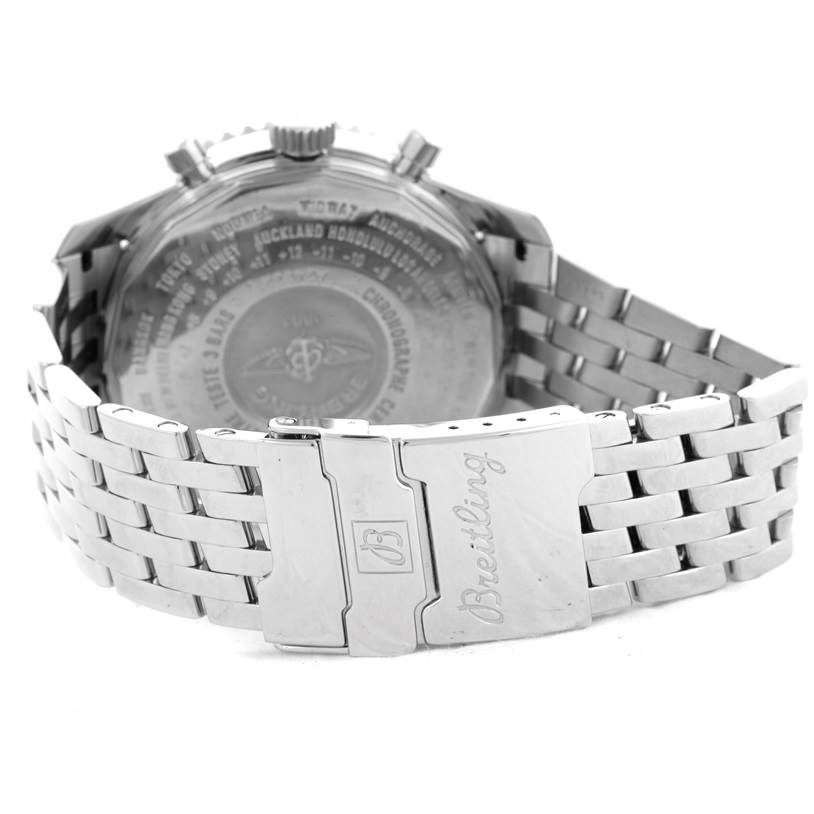 This image shows the back and clasp of the Breitling Navitimer A24322 Men's Stainless Steel Black Dial A24322 Men's Stainless Steel Black Dial watch with its stainless steel bracelet.