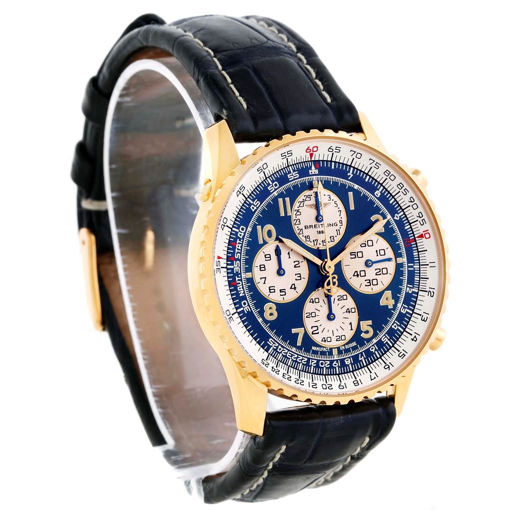 This image shows a Breitling Navitimer K33030 Men
s Yellow Gold Blue Dial K33030 Men
s Yellow Gold Blue Dial watch at a front-left angle, highlighting the blue dial, gold case, and black leather strap.
