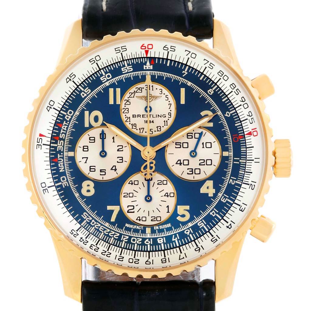 This image shows a front view of the Breitling Navitimer K33030 Men
s Yellow Gold Blue Dial K33030 Men
s Yellow Gold Blue Dial watch, displaying its face, dials, and bezel.