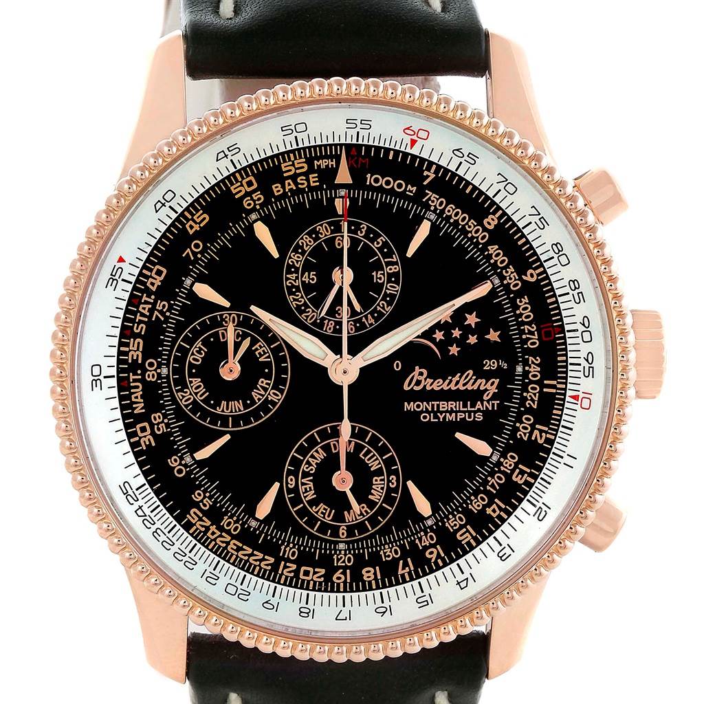 This image shows the front view of the Breitling Navitimer R19350 Men's Rose Gold Black Dial R19350 Men's Rose Gold Black Dial Montbrillant Olympus watch, displaying its dial, bezel, and subdials.