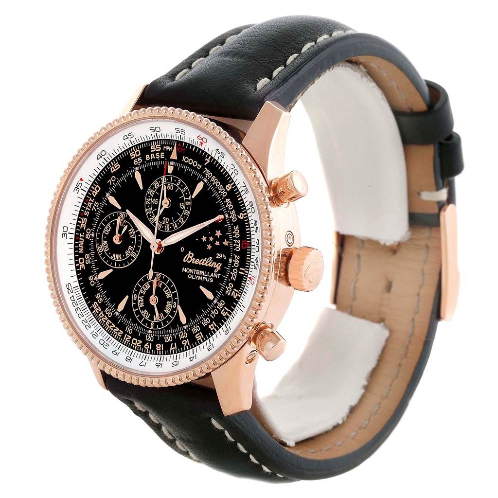 This image shows a Breitling Navitimer R19350 Men's Rose Gold Black Dial R19350 Men's Rose Gold Black Dial watch at a slight angle, highlighting the face, side buttons, and leather strap.