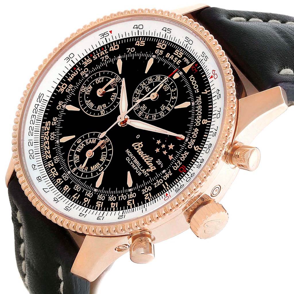 The Breitling Navitimer R19350 Men's Rose Gold Black Dial R19350 Men's Rose Gold Black Dial watch is shown at an angle highlighting its black dial, bezel, subdials, and side pushers.