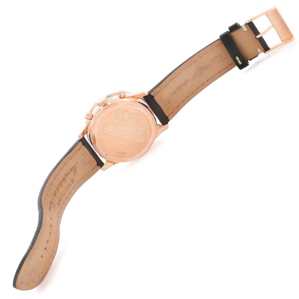 This image shows the back view of a Breitling Navitimer R19350 Men's Rose Gold Black Dial R19350 Men's Rose Gold Black Dial watch, highlighting the case back and leather strap.