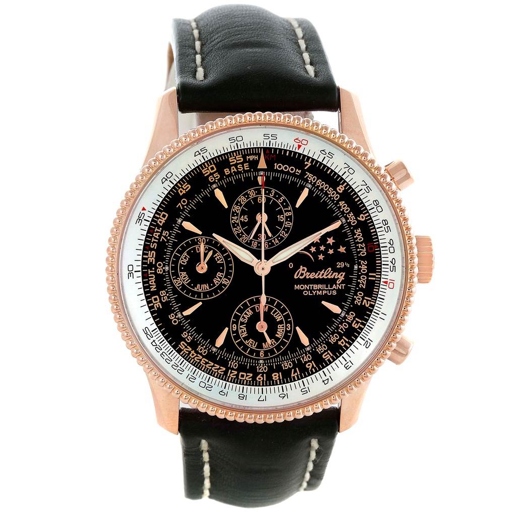 The image shows a front view of a Breitling Navitimer R19350 Men's Rose Gold Black Dial R19350 Men's Rose Gold Black Dial watch with a black dial and a leather strap.