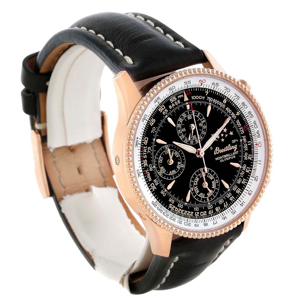 The Breitling Navitimer R19350 Men's Rose Gold Black Dial R19350 Men's Rose Gold Black Dial watch is shown at a 3/4 angle, displaying the black dial, bezel, and black leather strap.