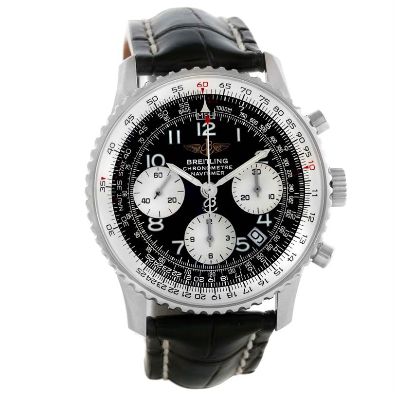 The image shows a front view of a Breitling Navitimer A23322 Men
s Stainless Steel Black Dial A23322 Men
s Stainless Steel Black Dial watch, highlighting the dial, bezel, and leather strap.