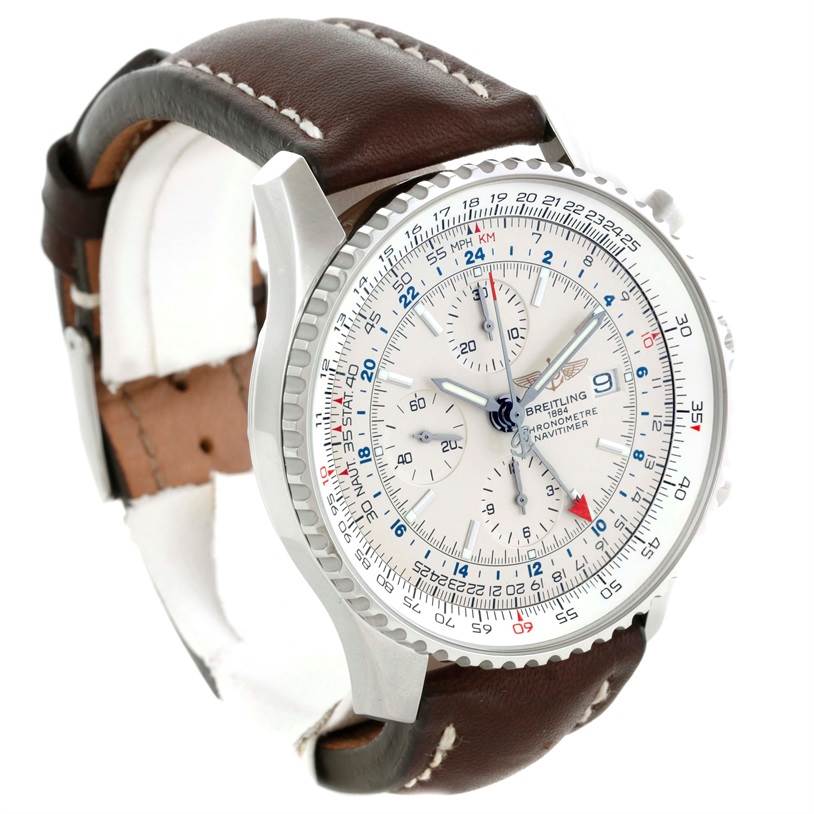 This image shows a Breitling Navitimer A24322 Men's Stainless Steel Silver Dial A24322 Men's Stainless Steel Silver Dial watch from a slightly angled side view, highlighting the dial and leather strap.
