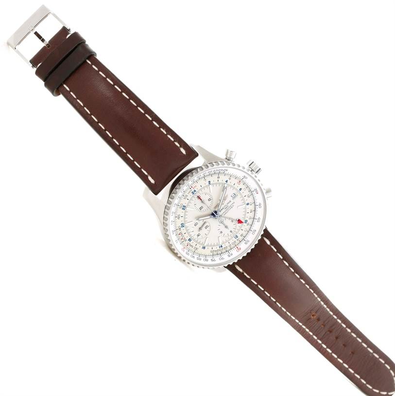 The Breitling Navitimer A24322 Men's Stainless Steel Silver Dial A24322 Men's Stainless Steel Silver Dial watch is shown from a top-down angle, displaying the entire watch with a focus on the case, dial, and leather strap.