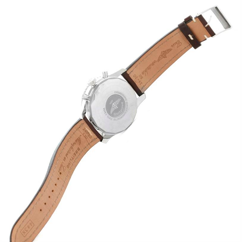 The image shows the back case and leather strap of a Breitling Navitimer A24322 Men's Stainless Steel Silver Dial A24322 Men's Stainless Steel Silver Dial watch at a bottom view angle.