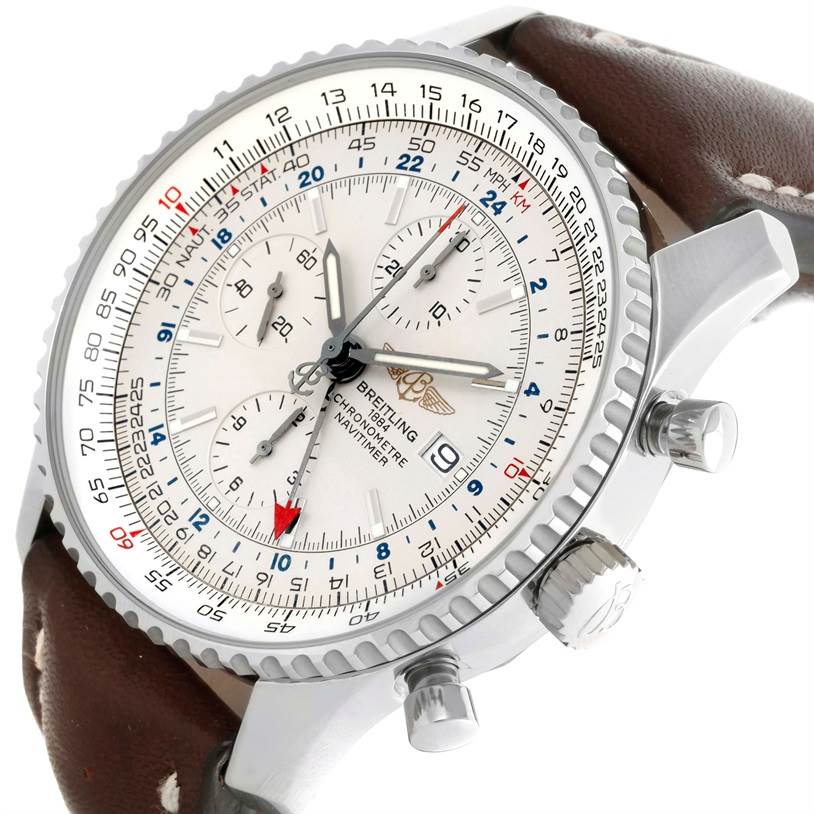 The Breitling Navitimer A24322 Men's Stainless Steel Silver Dial A24322 Men's Stainless Steel Silver Dial watch is shown from an oblique angle, highlighting its dial, chronograph buttons, bezel, and leather strap.