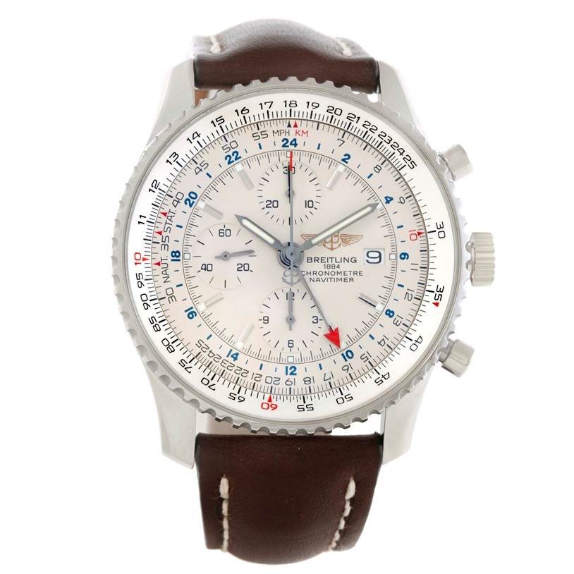 This image shows a front view of the Breitling Navitimer A24322 Men's Stainless Steel Silver Dial A24322 Men's Stainless Steel Silver Dial watch, displaying its dial, bezel, and leather strap.