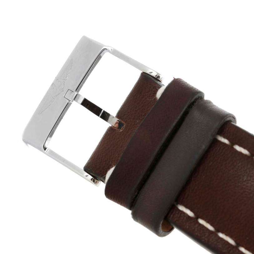 This image shows the buckle and part of the leather strap of a Breitling Navitimer A24322 Men's Stainless Steel Silver Dial A24322 Men's Stainless Steel Silver Dial watch.
