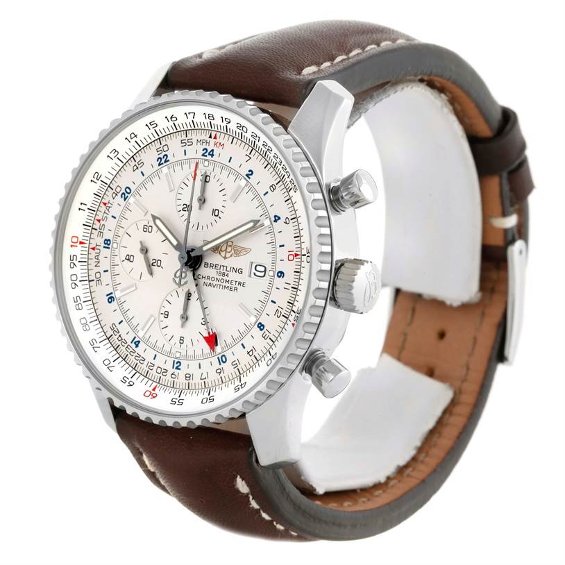The image shows a Breitling Navitimer A24322 Men's Stainless Steel Silver Dial A24322 Men's Stainless Steel Silver Dial watch at a slight angle, displaying the face, bezel, crown, pushers, and leather strap.