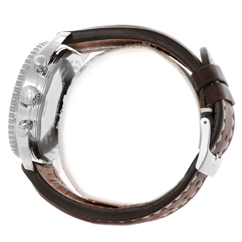 The image shows a side view of a Breitling Navitimer A24322 Men's Stainless Steel Silver Dial A24322 Men's Stainless Steel Silver Dial watch with a leather strap and stainless steel case.