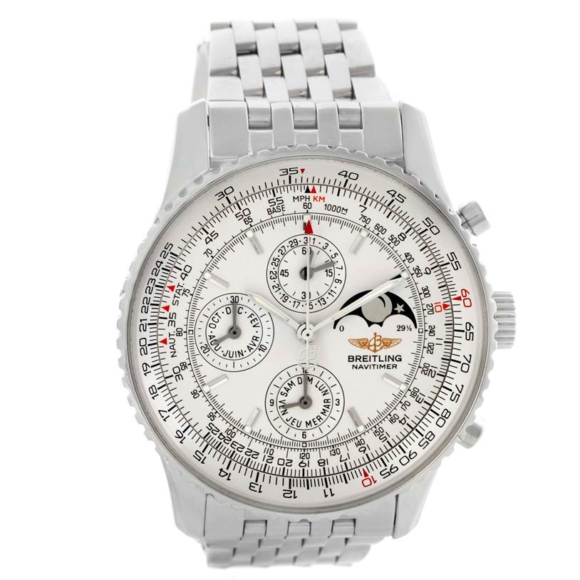 The image shows a front view of the Breitling Navitimer A19340 Men's Stainless Steel Silver Dial A19340 Men's Stainless Steel Silver Dial watch, highlighting its dial, sub-dials, and metal bracelet.