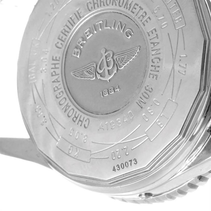 This image shows the engraved case back of a Breitling Navitimer A19340 Men's Stainless Steel Silver Dial A19340 Men's Stainless Steel Silver Dial watch.