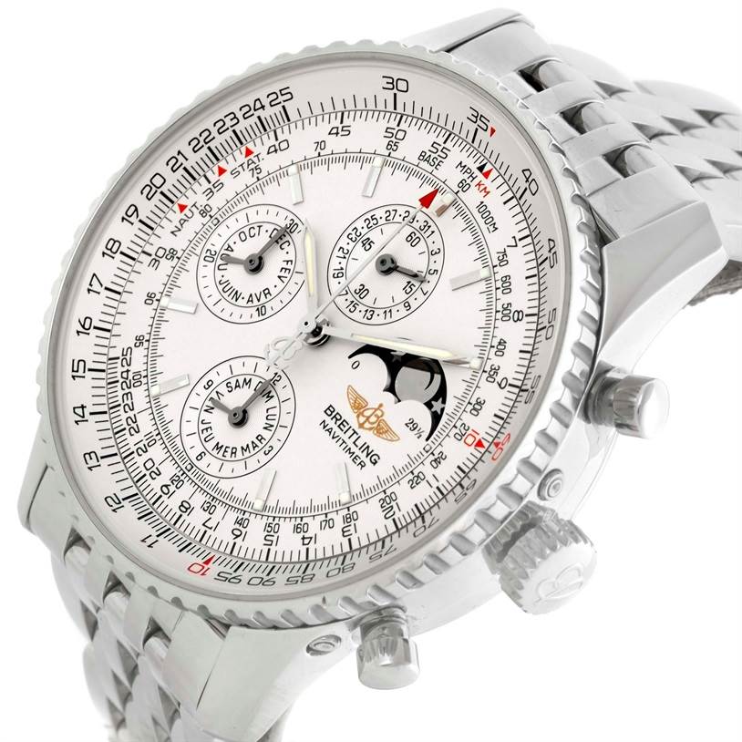 The image shows a close-up of the face and stainless steel bracelet of a Breitling Navitimer A19340 Men's Stainless Steel Silver Dial A19340 Men's Stainless Steel Silver Dial watch from a slight angle.