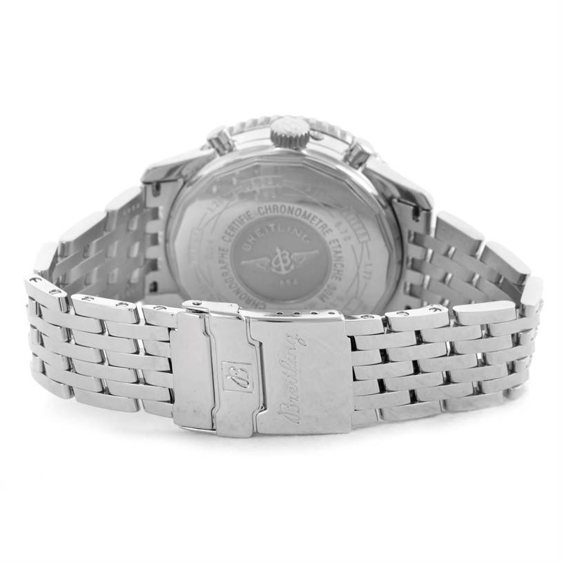 The image shows the back case and clasp of a Breitling Navitimer A19340 Men's Stainless Steel Silver Dial A19340 Men's Stainless Steel Silver Dial watch from a rear angle.