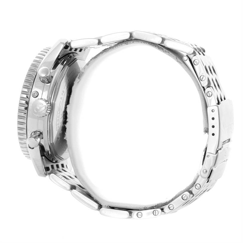 The image shows a side view of the Breitling Navitimer A19340 Men's Stainless Steel Silver Dial A19340 Men's Stainless Steel Silver Dial watch, highlighting its case, crown, pushers, and metal bracelet.