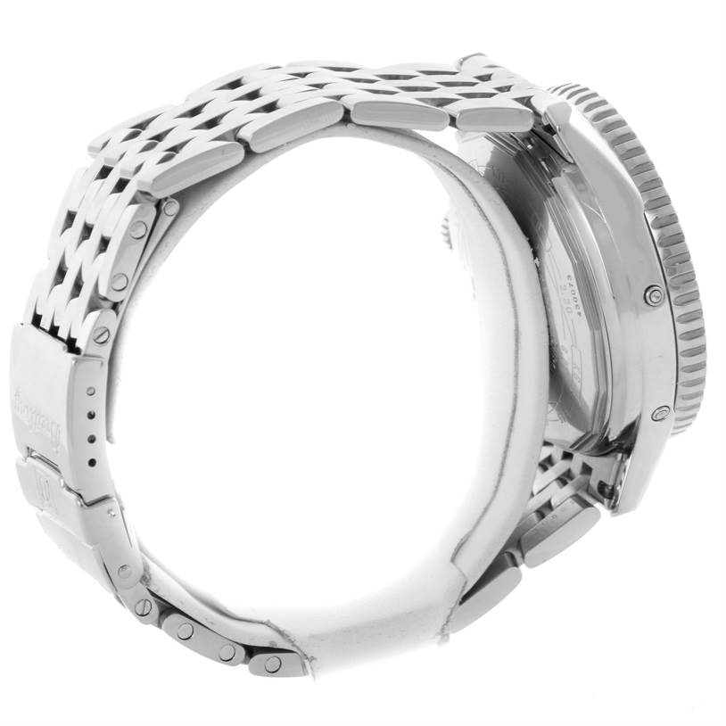 The image shows the side view of a Breitling Navitimer A19340 Men's Stainless Steel Silver Dial A19340 Men's Stainless Steel Silver Dial watch focusing on the bracelet and case.