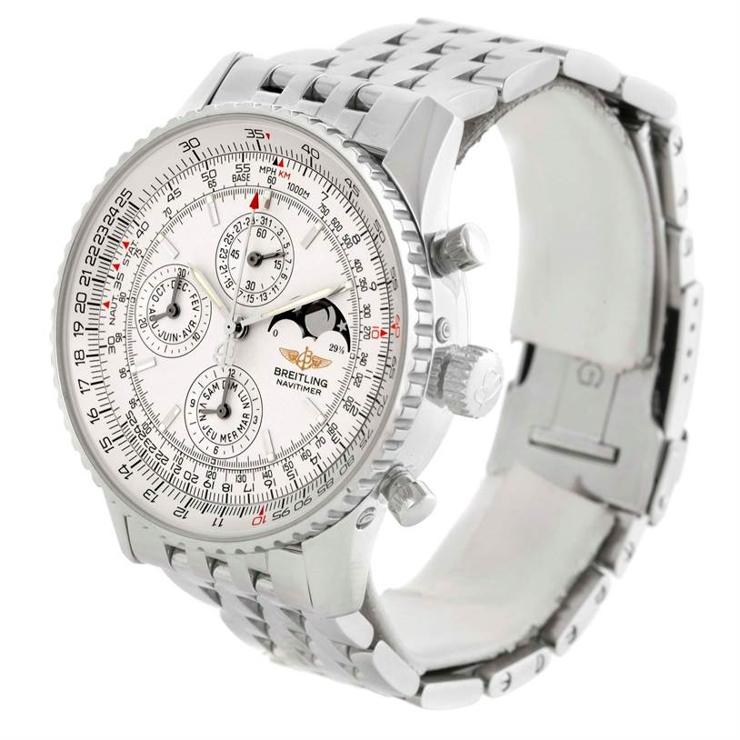 The Breitling Navitimer A19340 Men's Stainless Steel Silver Dial A19340 Men's Stainless Steel Silver Dial is shown at a three-quarter angle, displaying the face, dial, and stainless steel bracelet.