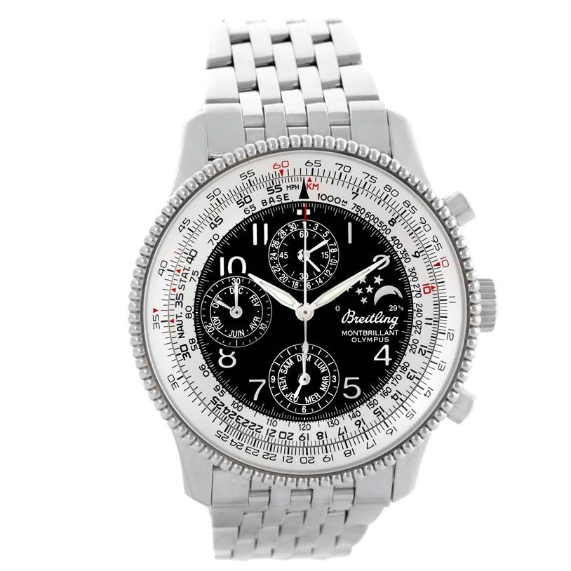 This image shows a front view of a Breitling Navitimer A19350 Men's Stainless Steel Silver Dial A19350 Men's Stainless Steel Silver Dial watch, highlighting its face, bezel, and part of the bracelet.