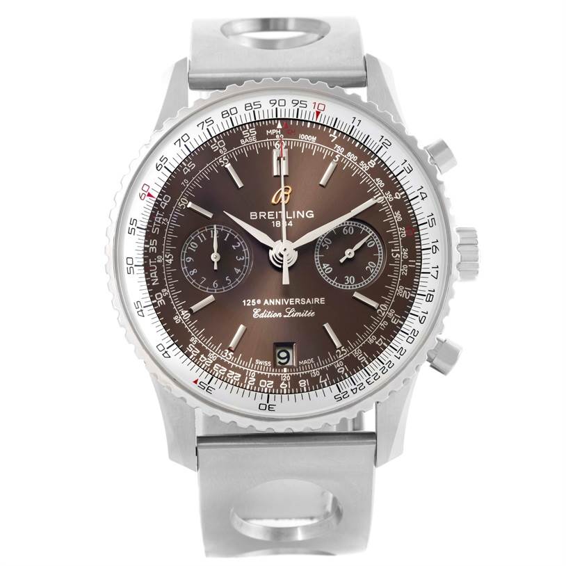 The image shows a front view of a Breitling Navitimer A26322 Men's Stainless Steel Brown Dial A26322 Men's Stainless Steel Brown Dial watch, highlighting its bezel, dial, subdials, and part of the strap.