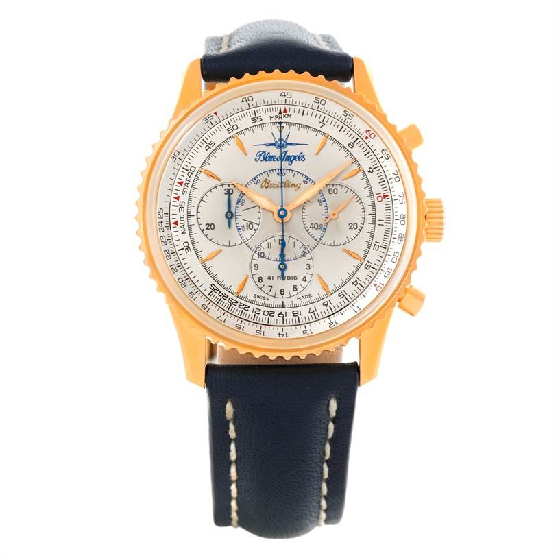 The image shows a front view of the Breitling Navitimer H30030 Men's Yellow Gold Silver Dial H30030 Men's Yellow Gold Silver Dial watch, highlighting its dial, bezel, and strap.