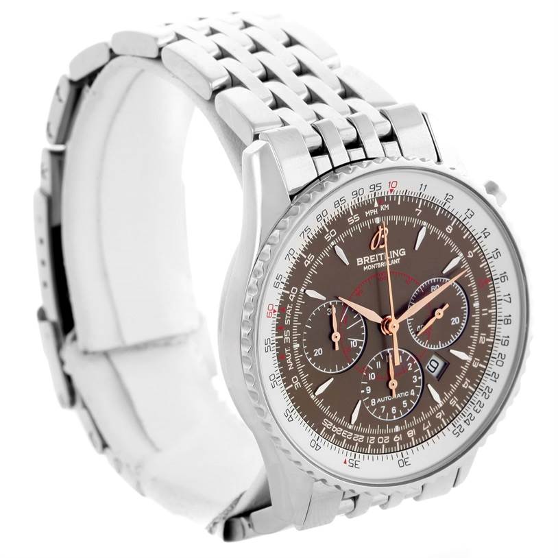 The image shows a Breitling Navitimer A41370 Men
s Stainless Steel Brown Dial A41370 Men
s Stainless Steel Brown Dial watch at an angle highlighting the dial, three sub-dials, and metal bracelet.